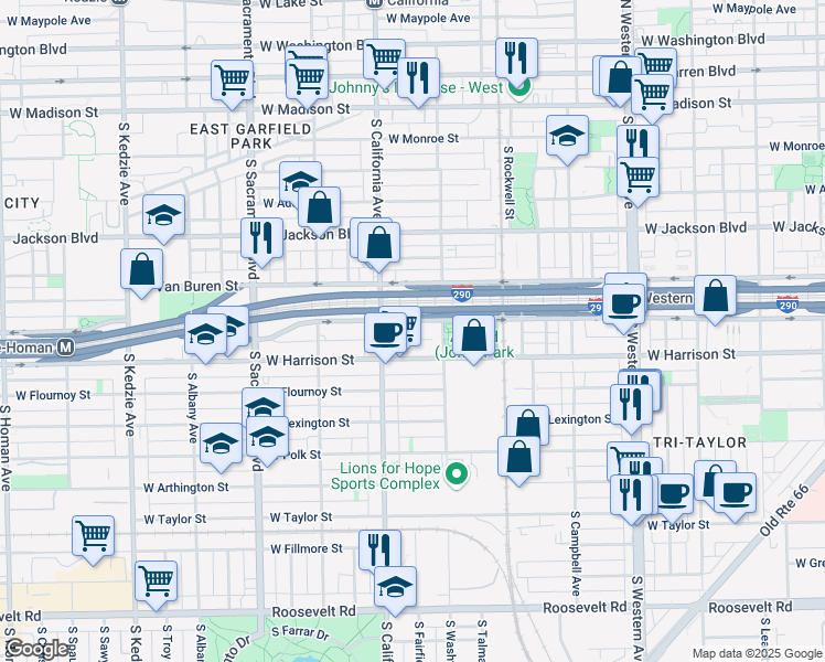 map of restaurants, bars, coffee shops, grocery stores, and more near 2720 West Harrison Street in Chicago