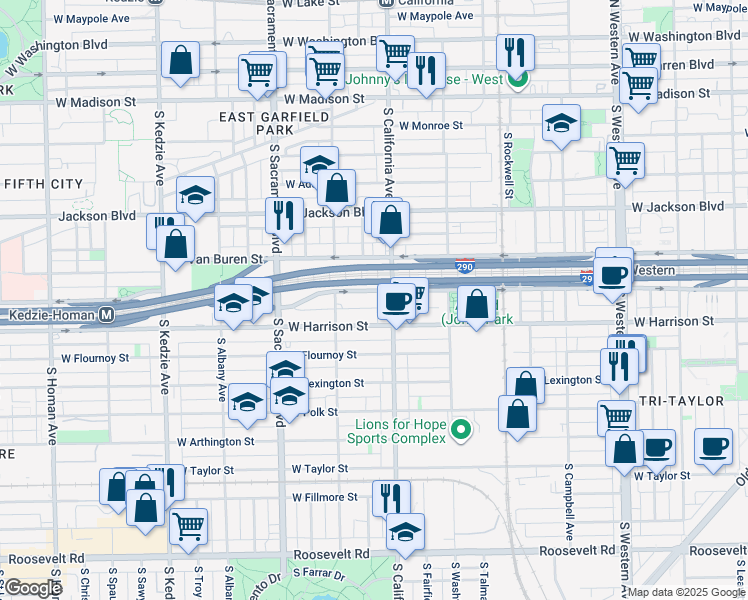 map of restaurants, bars, coffee shops, grocery stores, and more near 2834 West Harrison Street in Chicago