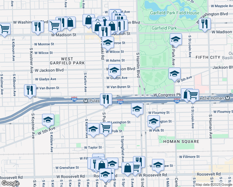 map of restaurants, bars, coffee shops, grocery stores, and more near 3845 West Congress Parkway in Chicago
