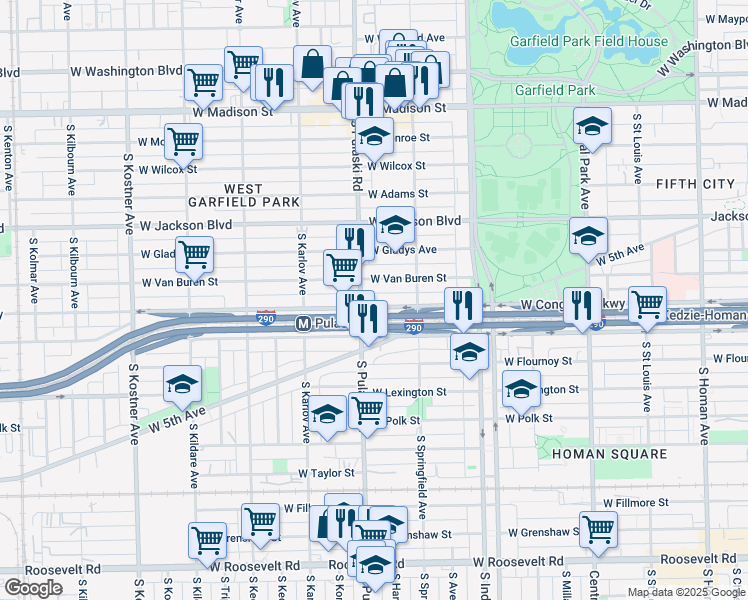 map of restaurants, bars, coffee shops, grocery stores, and more near 3841 West Congress Parkway in Chicago