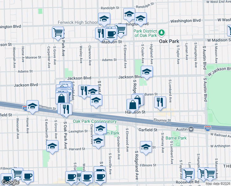 map of restaurants, bars, coffee shops, grocery stores, and more near 806 South Scoville Avenue in Oak Park
