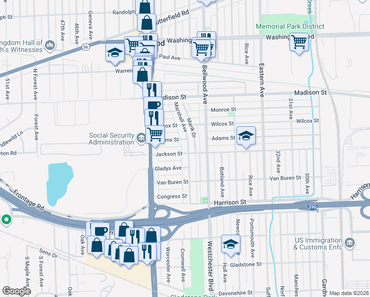 map of restaurants, bars, coffee shops, grocery stores, and more near 3822 Jackson Street in Bellwood