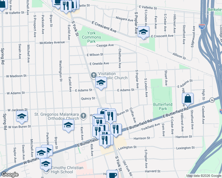 map of restaurants, bars, coffee shops, grocery stores, and more near 827 Kearsage Avenue in Elmhurst