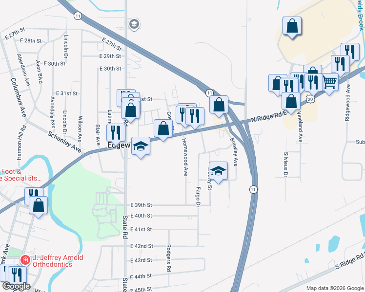 map of restaurants, bars, coffee shops, grocery stores, and more near 3447 Homewood Avenue in Ashtabula