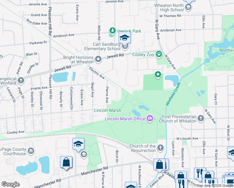 map of restaurants, bars, coffee shops, grocery stores, and more near N55 Cobblestone Lane in Wheaton