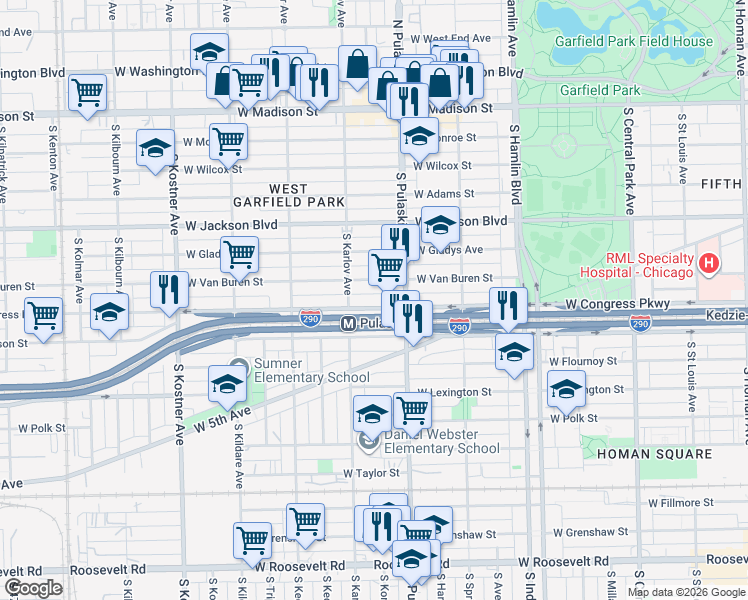 map of restaurants, bars, coffee shops, grocery stores, and more near 4057 West Congress Parkway in Chicago