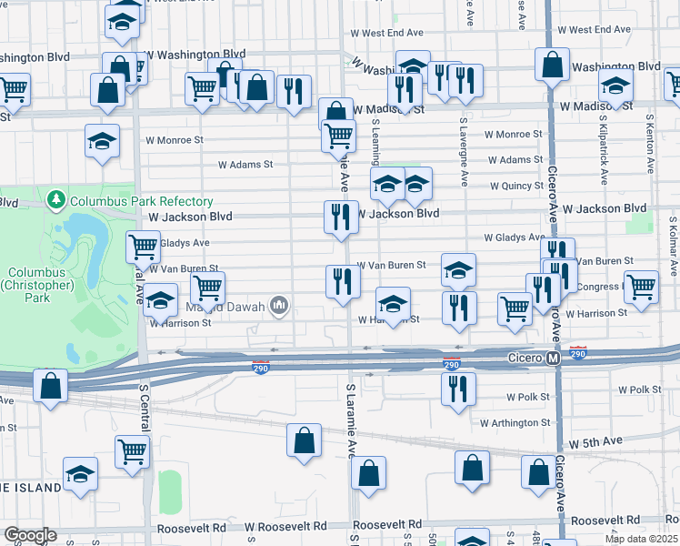 map of restaurants, bars, coffee shops, grocery stores, and more near 5128 West Congress Parkway in Chicago