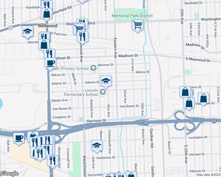 map of restaurants, bars, coffee shops, grocery stores, and more near 3317 Jackson Street in Bellwood