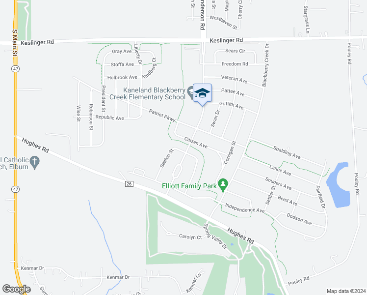 map of restaurants, bars, coffee shops, grocery stores, and more near 1312 Seaton Street in Elburn