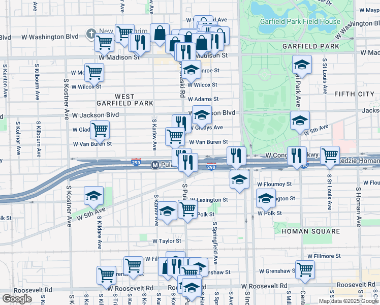 map of restaurants, bars, coffee shops, grocery stores, and more near 3841 West Congress Parkway in Chicago
