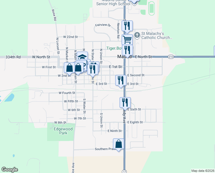 map of restaurants, bars, coffee shops, grocery stores, and more near 403 South Union Street in Madrid