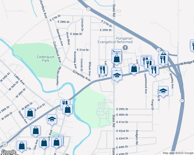 map of restaurants, bars, coffee shops, grocery stores, and more near 1641 East Prospect Road in Ashtabula