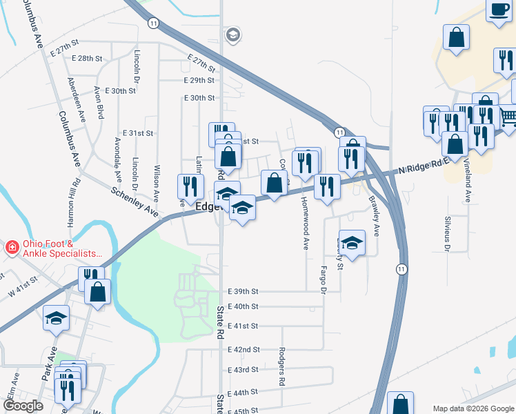 map of restaurants, bars, coffee shops, grocery stores, and more near 3436 Edgewood Drive in Ashtabula