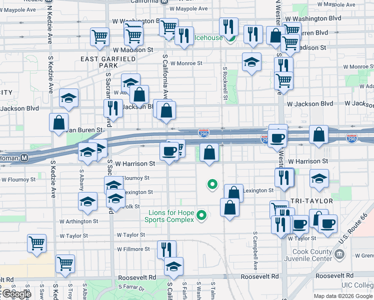 map of restaurants, bars, coffee shops, grocery stores, and more near 2720 West Harrison Street in Chicago