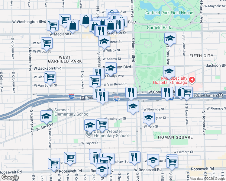 map of restaurants, bars, coffee shops, grocery stores, and more near 3845 West Congress Parkway in Chicago
