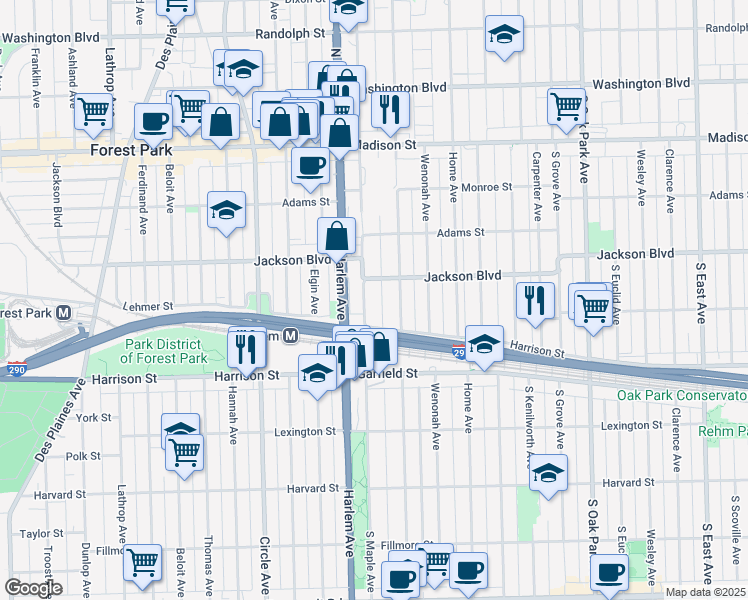 map of restaurants, bars, coffee shops, grocery stores, and more near 816 South Maple Avenue in Oak Park