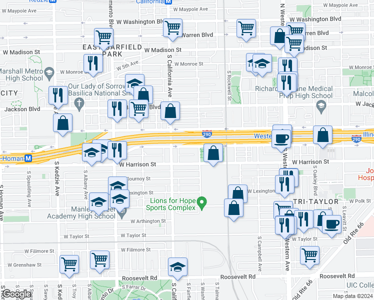 map of restaurants, bars, coffee shops, grocery stores, and more near 2727 West Congress Parkway in Chicago