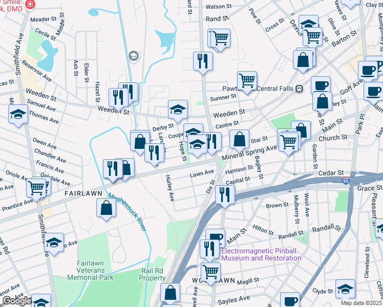 map of restaurants, bars, coffee shops, grocery stores, and more near 40 Baldwin Street in Pawtucket