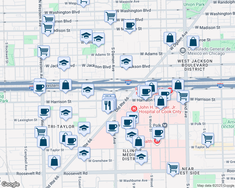map of restaurants, bars, coffee shops, grocery stores, and more near 513 South Damen Avenue in Chicago