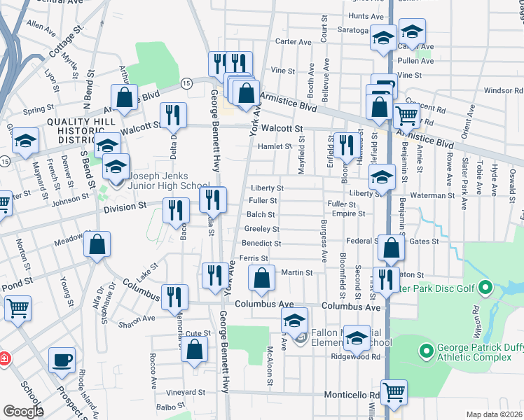 map of restaurants, bars, coffee shops, grocery stores, and more near 60 Greeley Street in Pawtucket