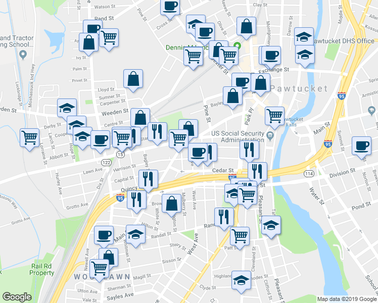 map of restaurants, bars, coffee shops, grocery stores, and more near 31 Mulberry Street in Pawtucket