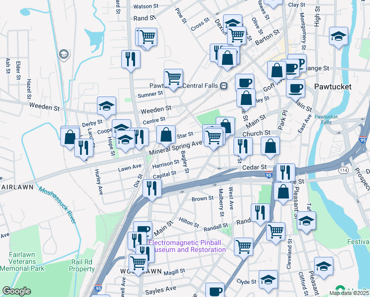 map of restaurants, bars, coffee shops, grocery stores, and more near 181 Harrison Street in Pawtucket