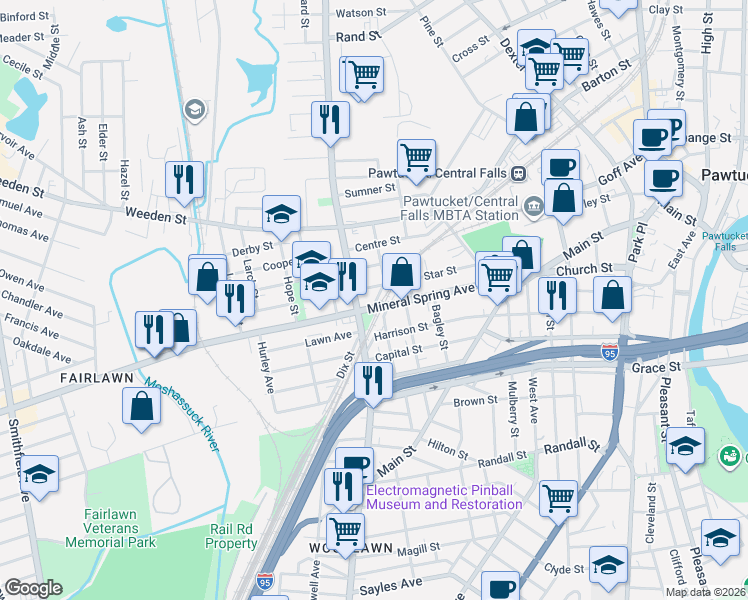 map of restaurants, bars, coffee shops, grocery stores, and more near in Pawtucket