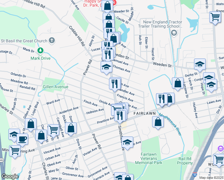 map of restaurants, bars, coffee shops, grocery stores, and more near 107 Oakdale Avenue in Pawtucket