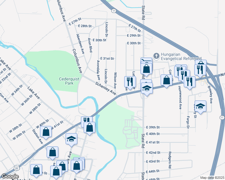 map of restaurants, bars, coffee shops, grocery stores, and more near 1602 East Prospect Road in Ashtabula