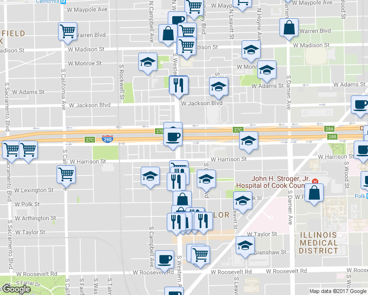 map of restaurants, bars, coffee shops, grocery stores, and more near 2344 West Harrison Street in Chicago
