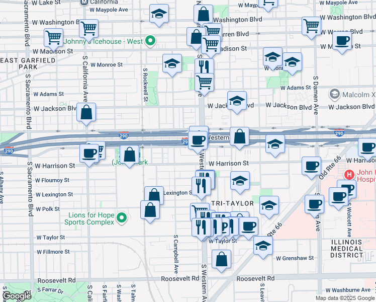 map of restaurants, bars, coffee shops, grocery stores, and more near 2414d West Harrison Street in Chicago
