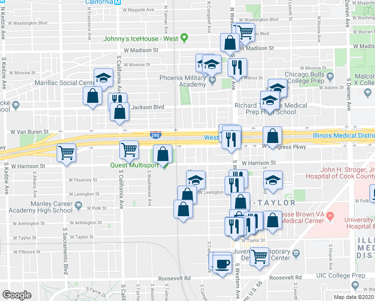 map of restaurants, bars, coffee shops, grocery stores, and more near 2530 West Harrison Street in Chicago