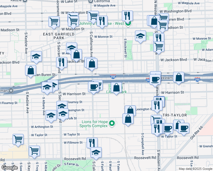 map of restaurants, bars, coffee shops, grocery stores, and more near 2720 West Harrison Street in Chicago