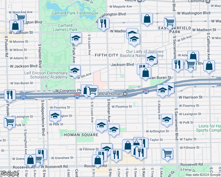map of restaurants, bars, coffee shops, grocery stores, and more near 512 South Homan Avenue in Chicago