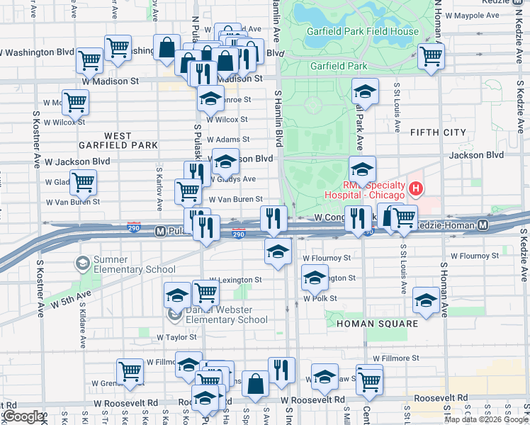 map of restaurants, bars, coffee shops, grocery stores, and more near 3847 West Congress Parkway in Chicago