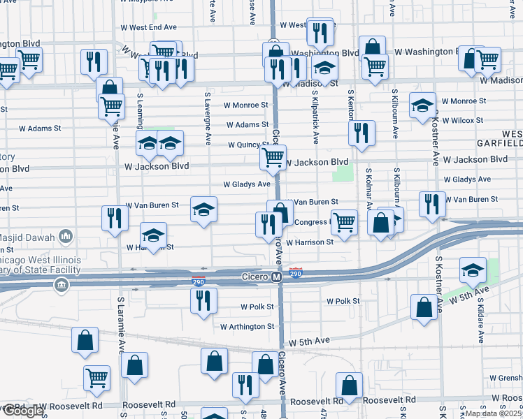 map of restaurants, bars, coffee shops, grocery stores, and more near 4807 West Congress Parkway in Chicago