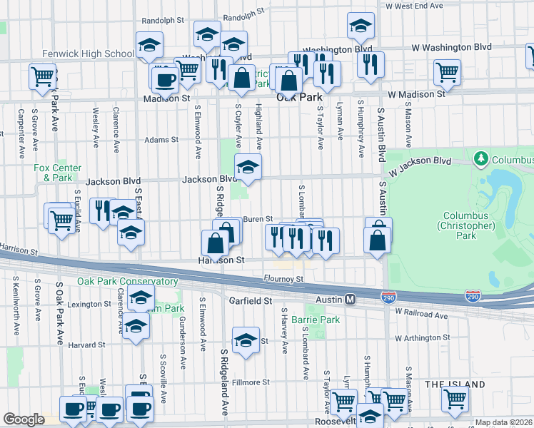 map of restaurants, bars, coffee shops, grocery stores, and more near in Oak Park