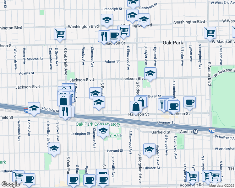 map of restaurants, bars, coffee shops, grocery stores, and more near 806 South Scoville Avenue in Oak Park