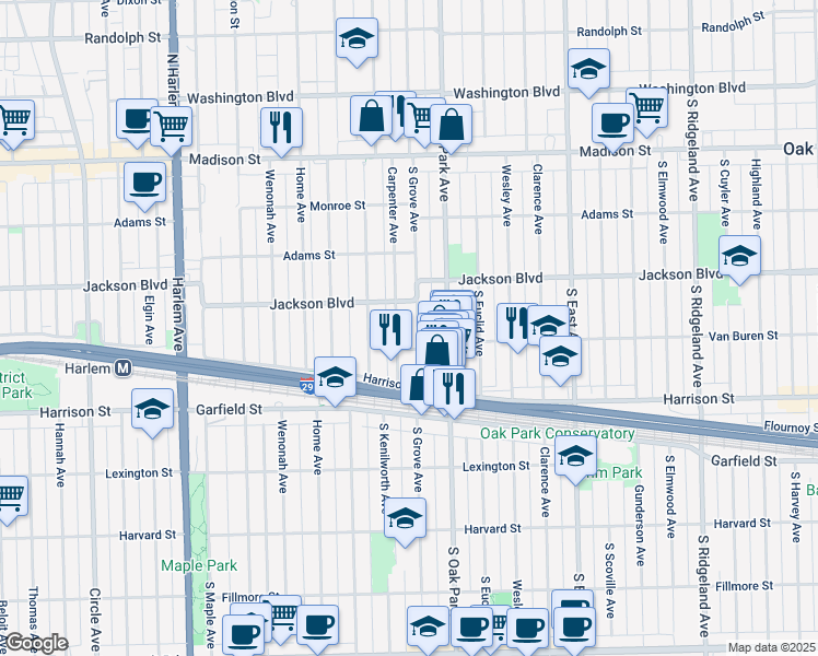 map of restaurants, bars, coffee shops, grocery stores, and more near 804 South Grove Avenue in Oak Park