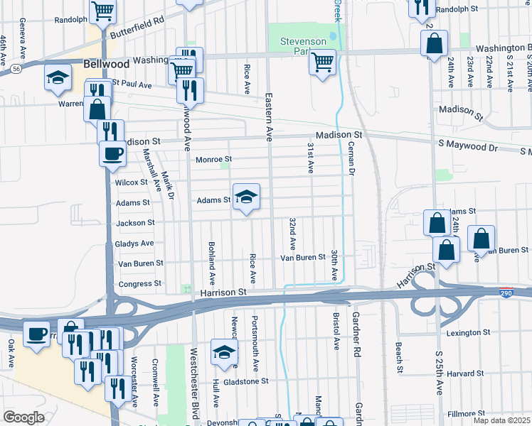 map of restaurants, bars, coffee shops, grocery stores, and more near 1013 Eastern Avenue in Bellwood