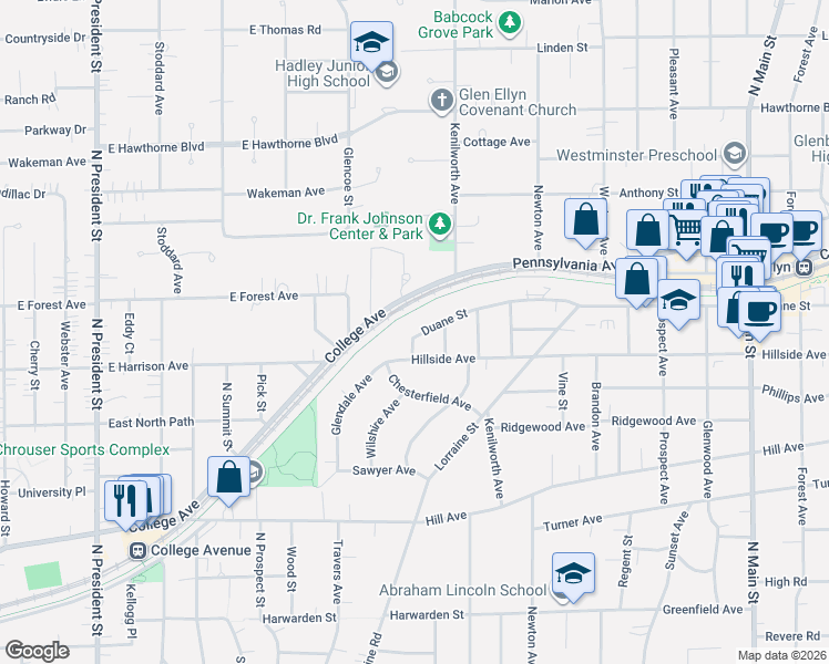 map of restaurants, bars, coffee shops, grocery stores, and more near 404 Lawrence Avenue in Glen Ellyn