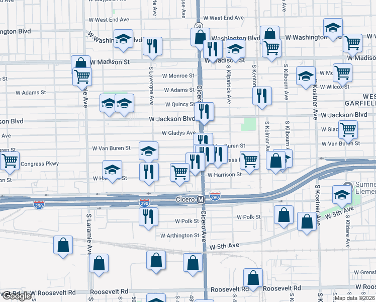 map of restaurants, bars, coffee shops, grocery stores, and more near 4829 West Van Buren Street in Chicago