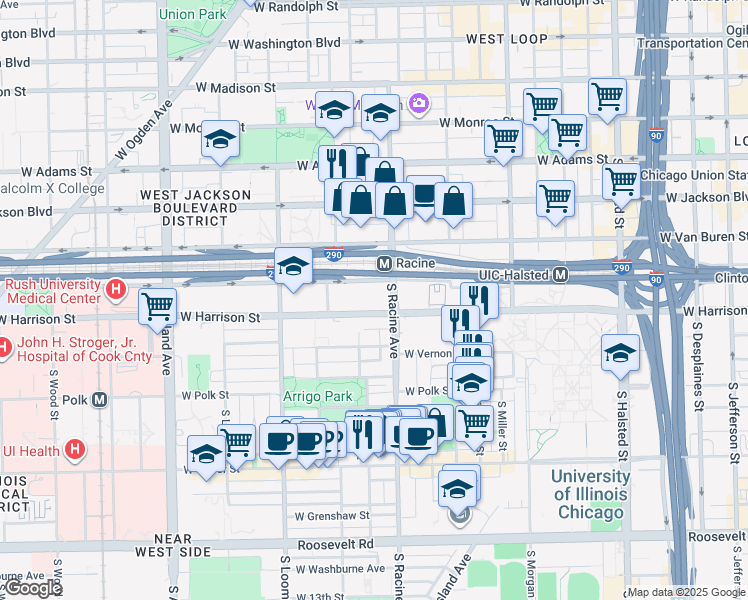 map of restaurants, bars, coffee shops, grocery stores, and more near 1200 West Harrison Street in Chicago