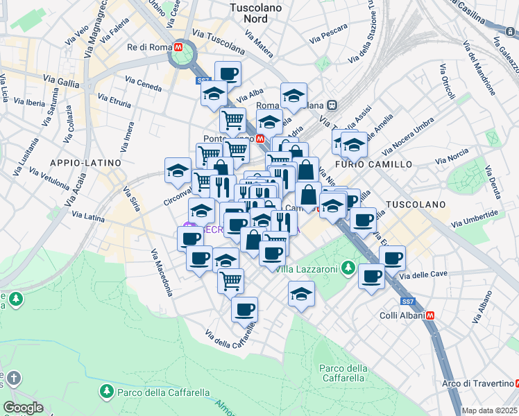 map of restaurants, bars, coffee shops, grocery stores, and more near Via Stefano Infessura in Roma