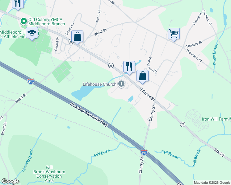 map of restaurants, bars, coffee shops, grocery stores, and more near 107 East Grove Street in Middleborough