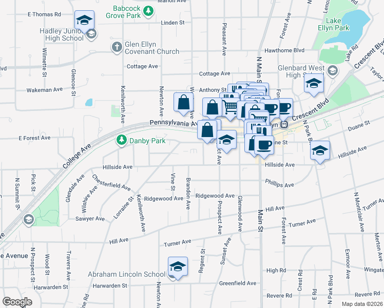 map of restaurants, bars, coffee shops, grocery stores, and more near 395 Duane Street in Glen Ellyn