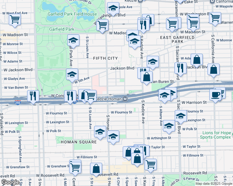 map of restaurants, bars, coffee shops, grocery stores, and more near 3324 West Van Buren Street in Chicago