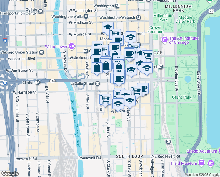 map of restaurants, bars, coffee shops, grocery stores, and more near 519 South Federal Street in Chicago