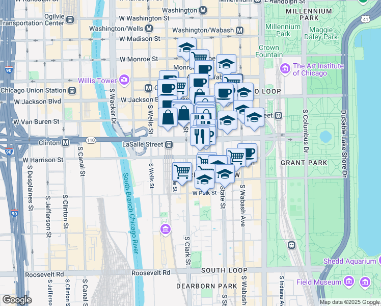 map of restaurants, bars, coffee shops, grocery stores, and more near 547 South Clark Street in Chicago