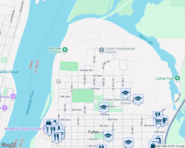 map of restaurants, bars, coffee shops, grocery stores, and more near 821 Fowler Road in Fulton